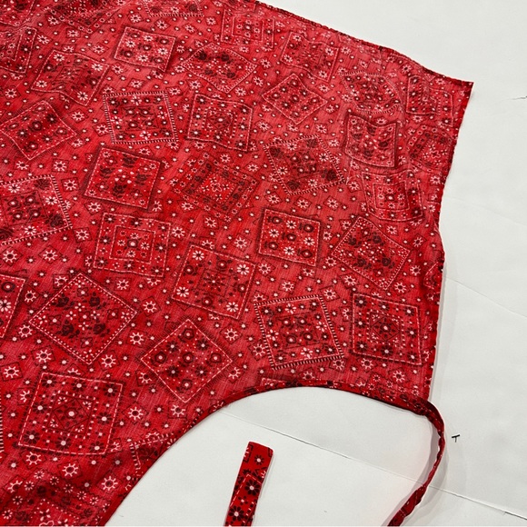 Red Cloth Tie Apron Chef Cooking Pockets Paisley Geometric Print - Picture 13 of 15